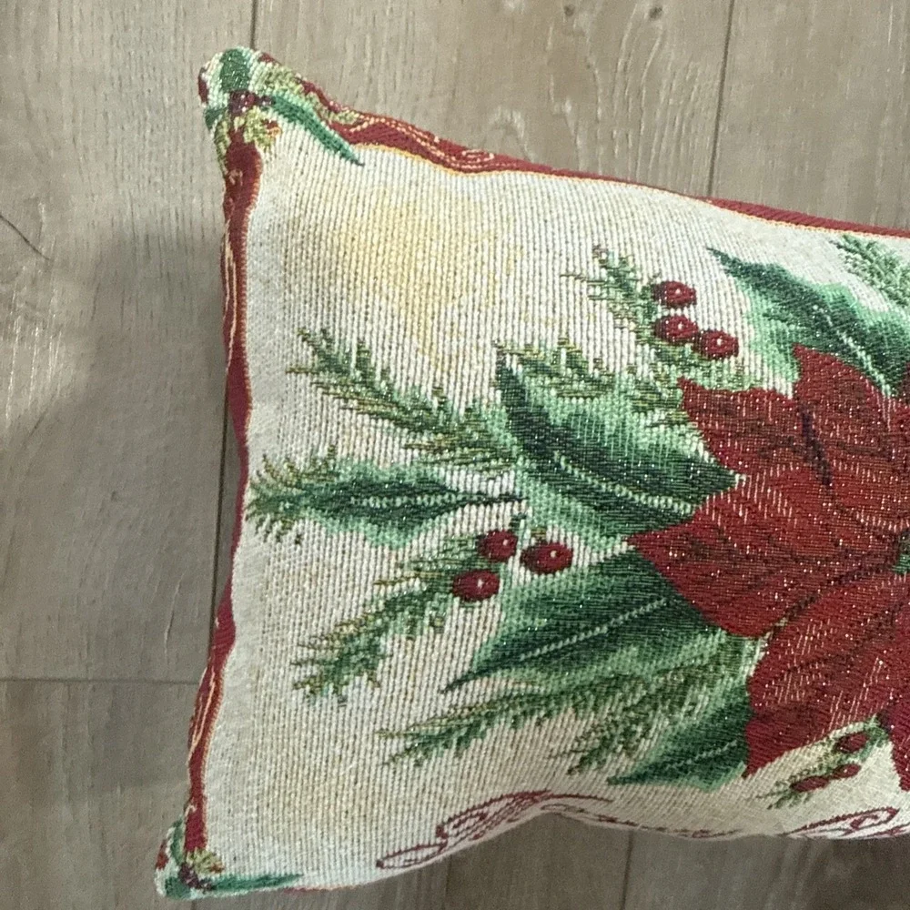 Luxury Christmas Poinsettia Tapestry Needlepoint Pillow‎ Pine Berries Mistletoe